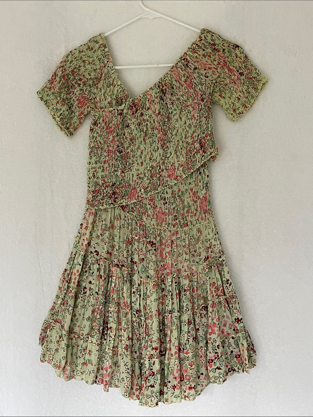 Poupette St. Barth Soledad Tiered Smocked Mini Wrap Dress Green Murrina Sz XS